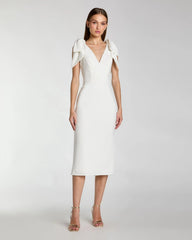 White Sleeveless Crepe Midi Dress with Bow Straps