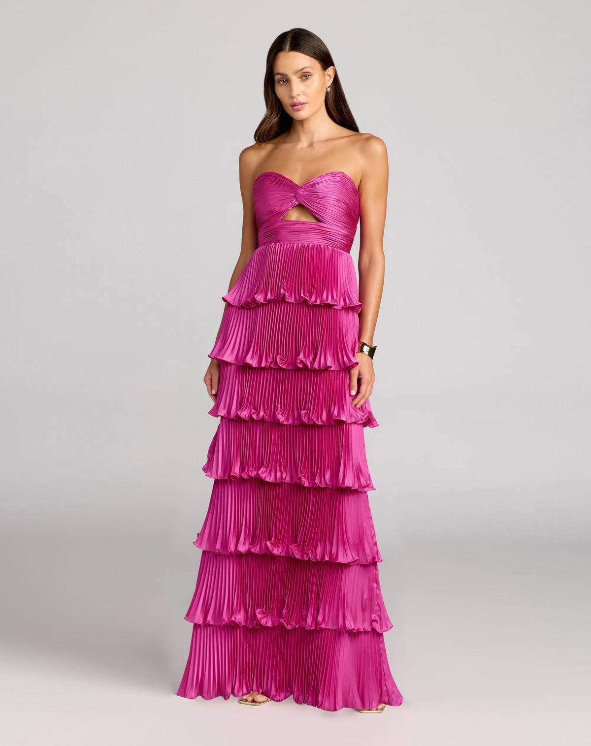 Dark Pink Pleated Charmeuse Strapless Tiered Ruffle Gown