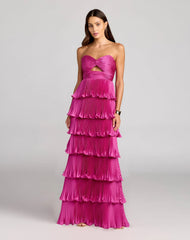 Dark Pink Pleated Charmeuse Strapless Tiered Ruffle Gown