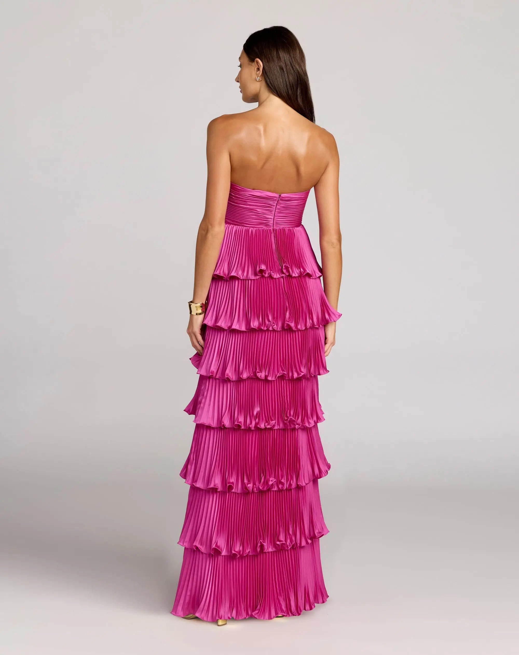 Dark Pink Pleated Charmeuse Strapless Tiered Ruffle Gown