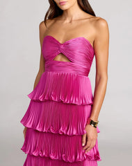 Dark Pink Pleated Charmeuse Strapless Tiered Ruffle Gown