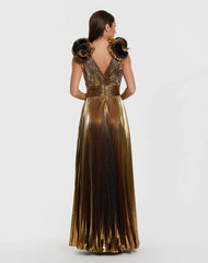 Gold Metallic Pleated Gown with Ruffle Shoulder Detail