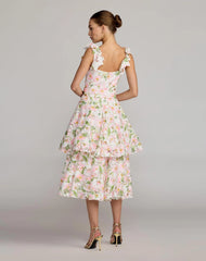 White Multicolor Floral Lace Tiered Midi Dress