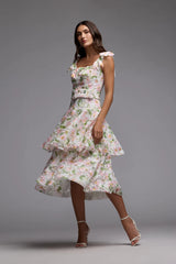 White Multicolor Floral Lace Tiered Midi Dress