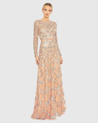 Embellished Illusion High Neck Long Sleeve A Line Gown