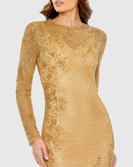 Gold  Long Sleeve Beaded Evening Gown