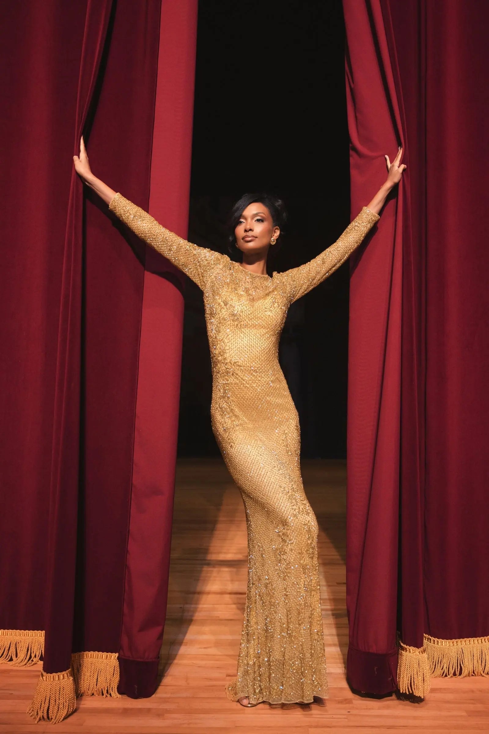 Gold  Long Sleeve Beaded Evening Gown