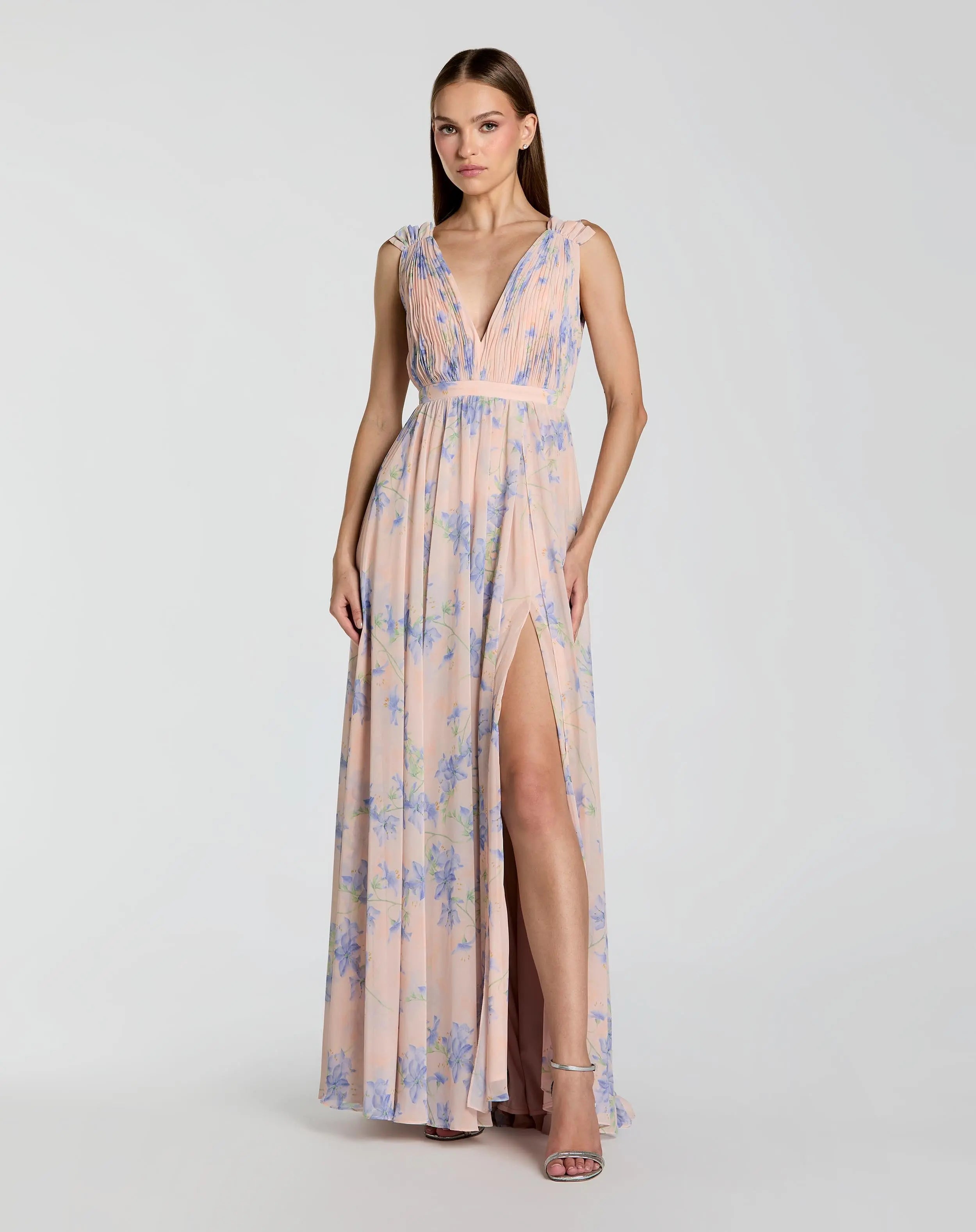 Sleeveless Pleated Chiffon V-Neck Gown