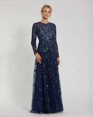 Navy Embellished High Neck Long Sleeve A Line Gown