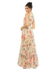 Beige Floral Halter Neck Maxi Dress