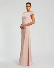 Light Pink Beaded Cap Sleeve Satin Column Gown