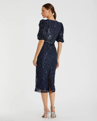 Navy Sequined V-Neck Short Puff Sleeve Midi Dress - FINAL SALE