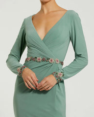 Green Jersey Long Sleeve V Neck Gown With Beaded Belt