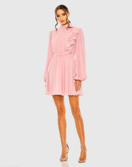 Draped High Neck Long Sleeve Mini Dress