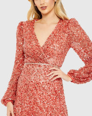 Red Sequined Puff Sleeve Wrap Over A Line Dress - FINAL SALE