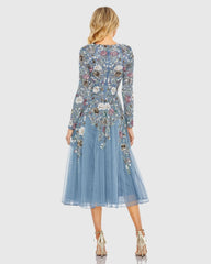 Blue Hand Embellished Floral V-Neck Long Sleeve Dress