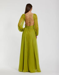 Green Long Sleeve V-Neck Chiffon Gown With 3D Flower