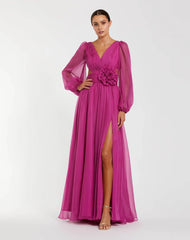 Long Sleeve V-Neck Chiffon Gown With 3D Flower