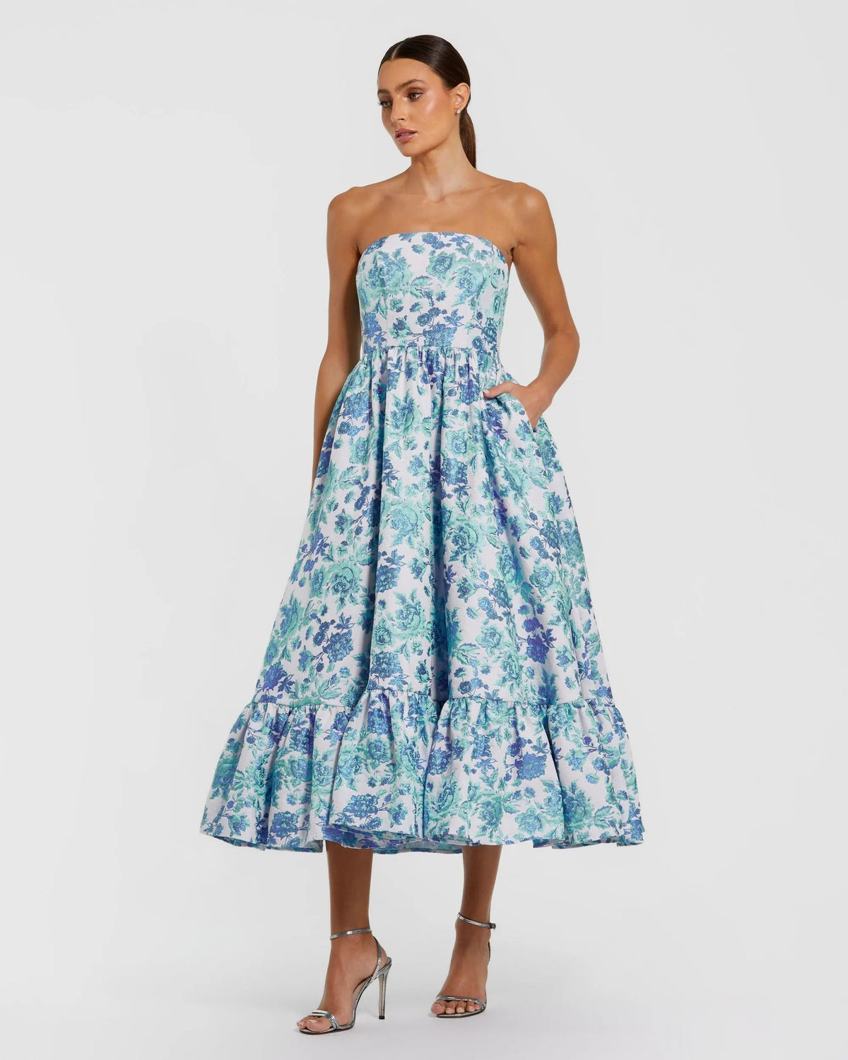 Floral Brocade Strapless A Line Midi Dress