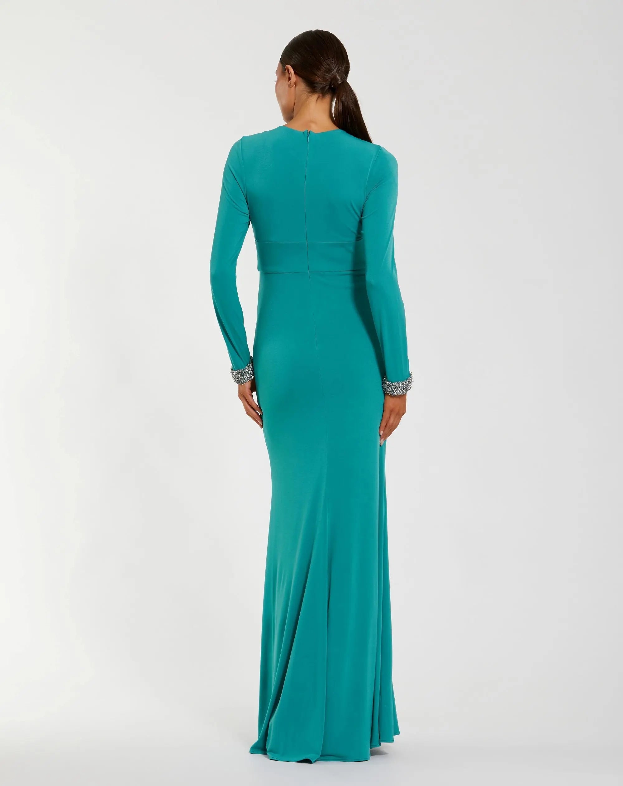 Teal Long Sleeve Twist Neck Jersey Gown With Embellished Cuffs