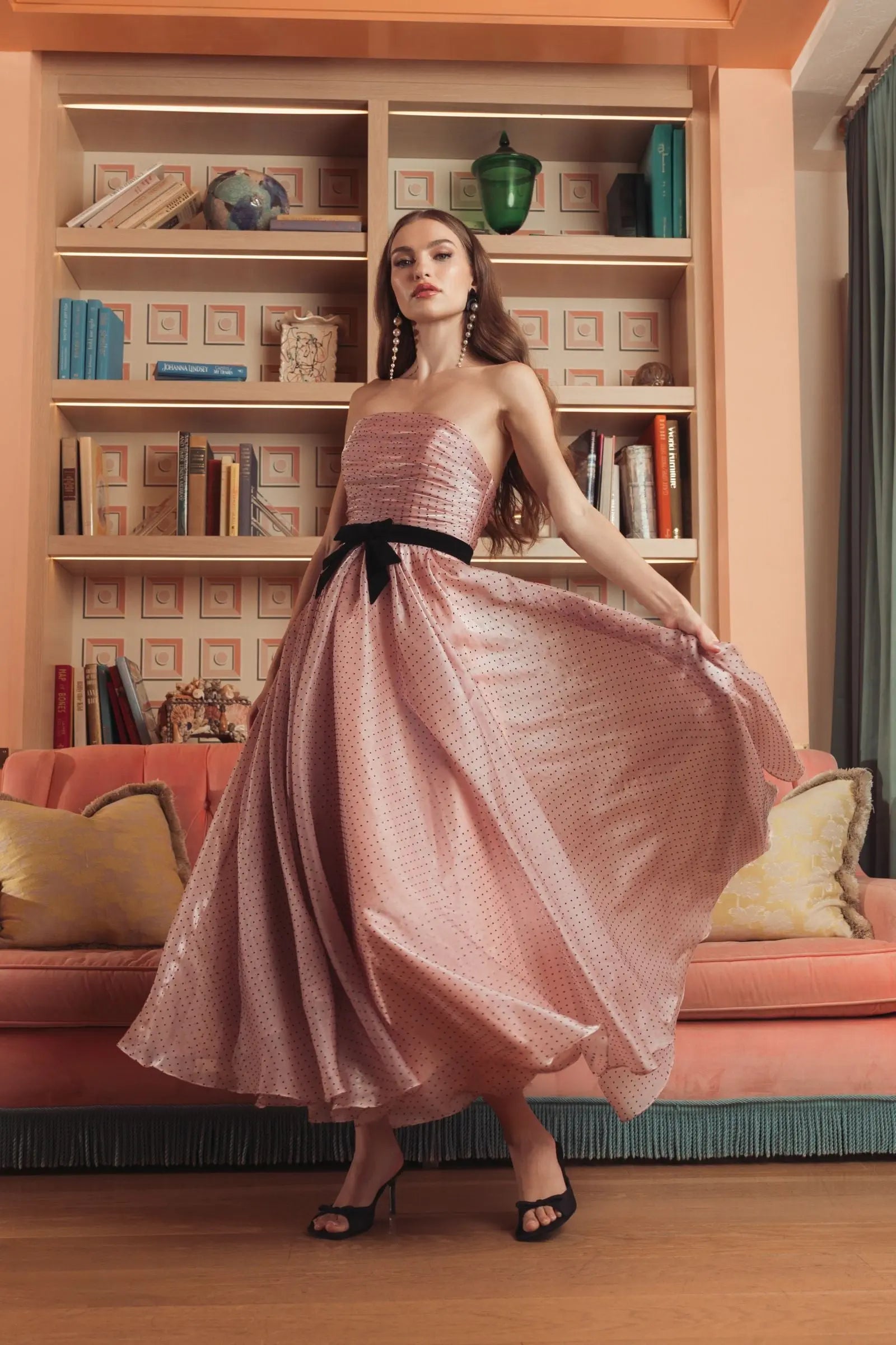 Pink Polka Dot Organza Strapless Midi Dress With Velvet Bow