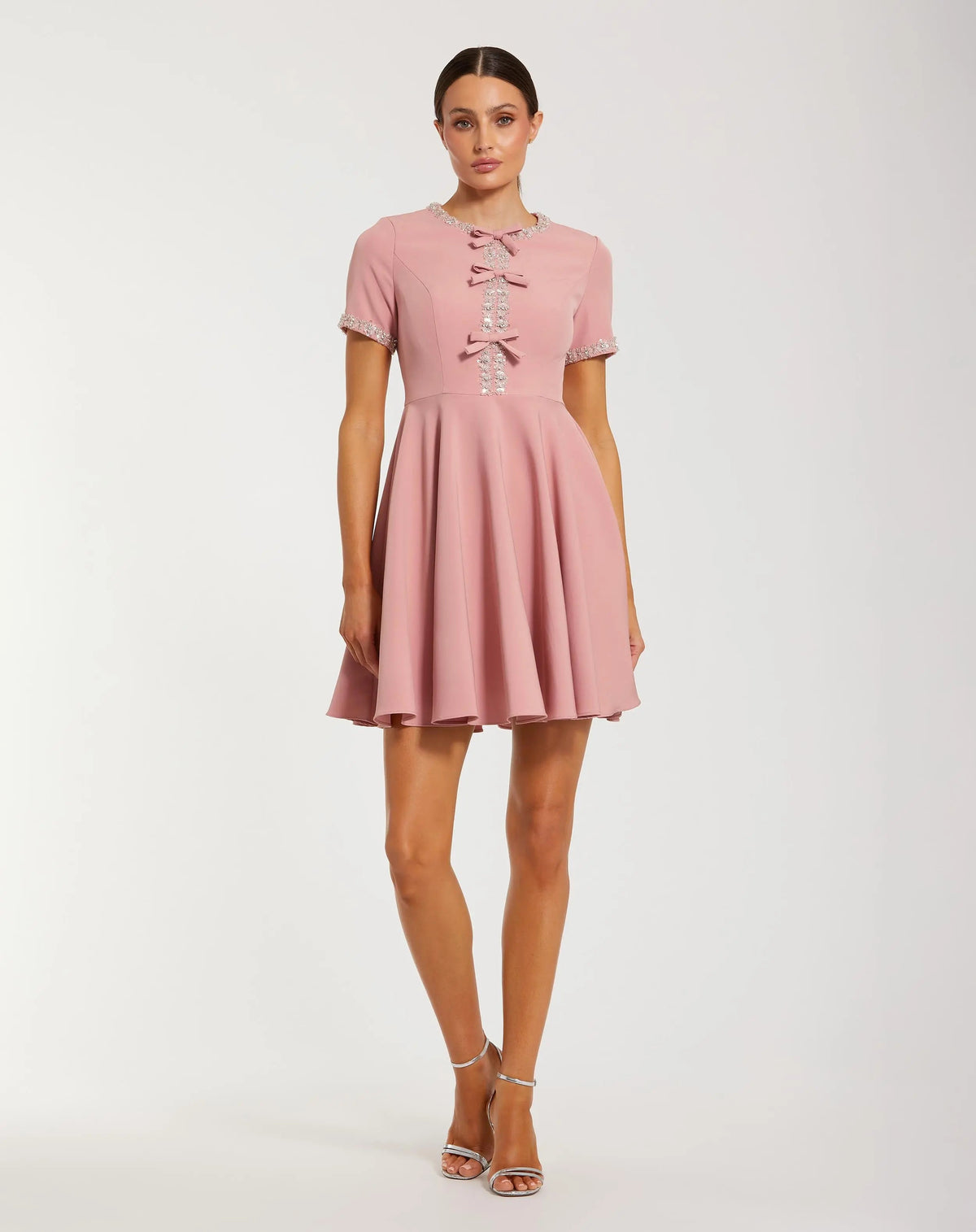 Pink Crepe A Line Mini Dress With Rhinestone Beading