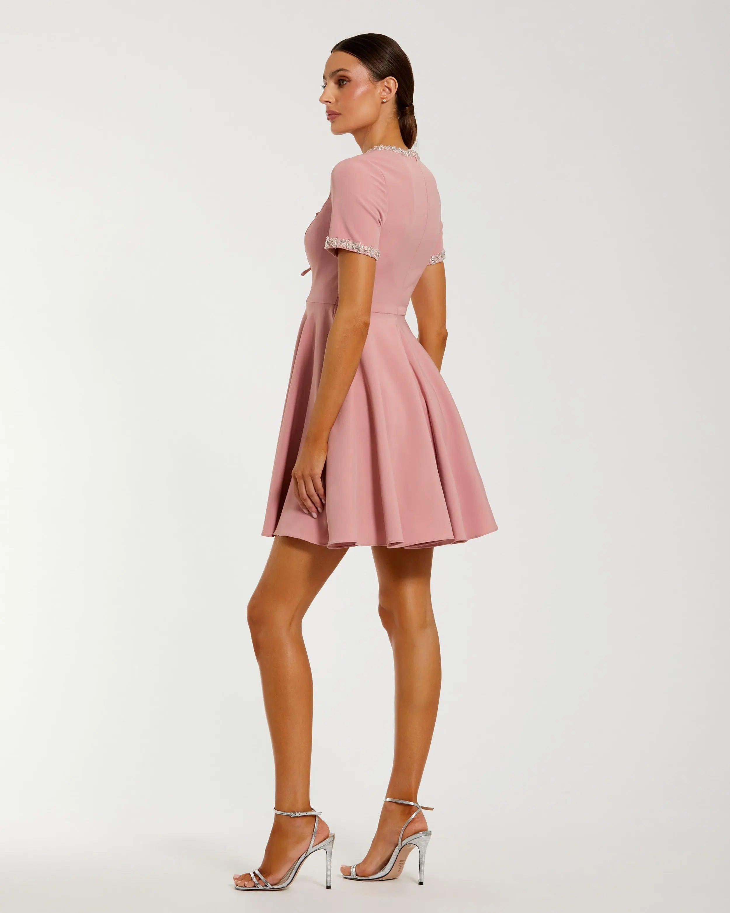 Pink Crepe A Line Mini Dress With Rhinestone Beading