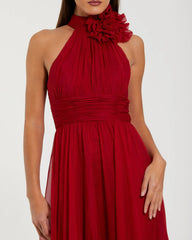 Red Halter Neck Chiffon Gown With 3D Flower