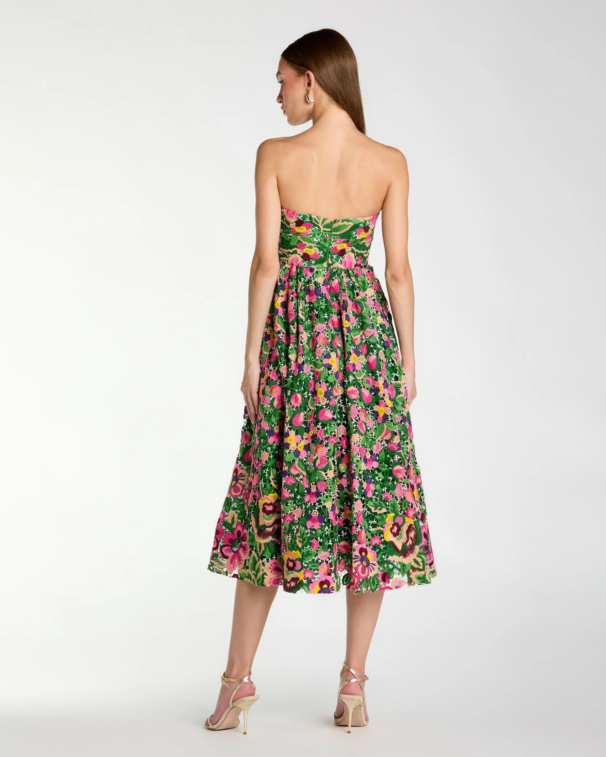 Green Strapless Floral Embroidered Midi Dress