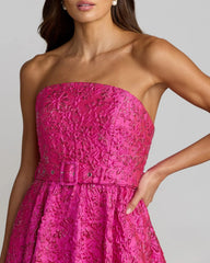 Pink Strapless Floral Brocade Ball Gown With Belt