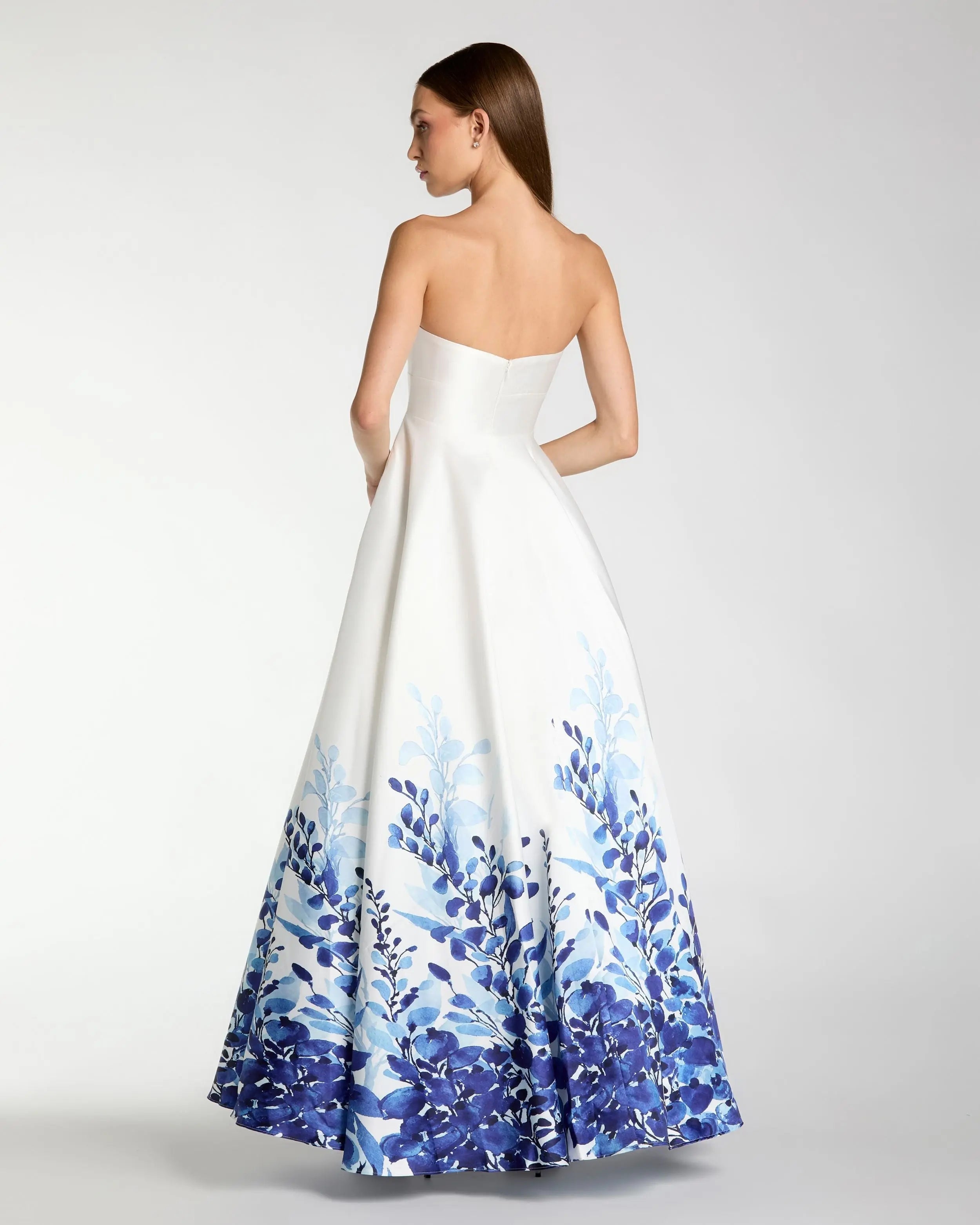 White Strapless Floral Printed Mikado Ball Gown