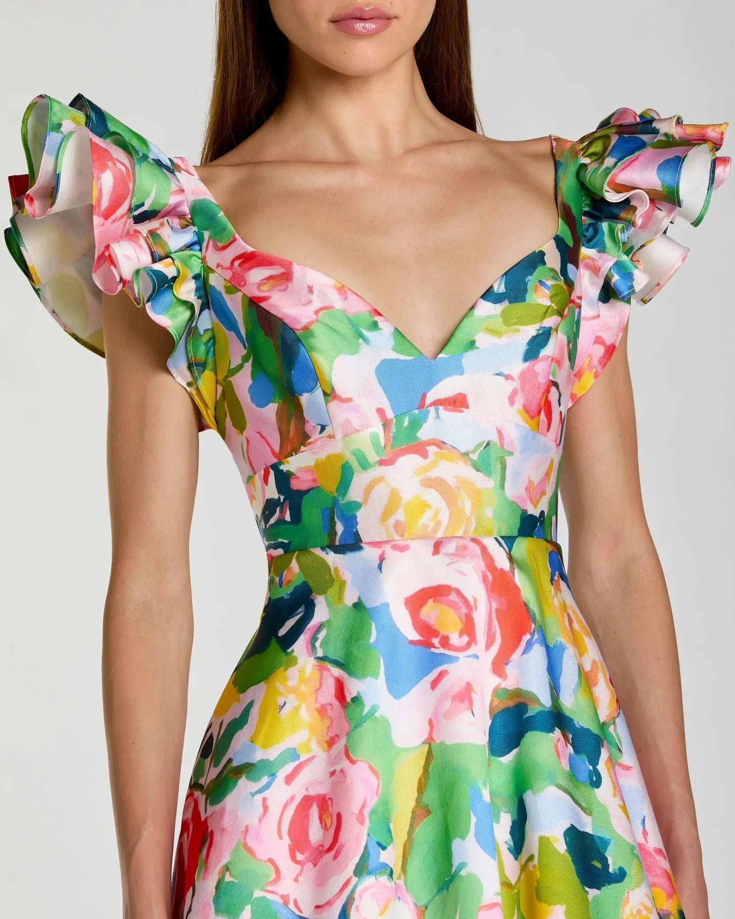 Multicolor Floral Ruffle Cap Sleeve Ball Gown