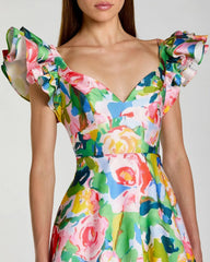 Multicolor Floral Ruffle Cap Sleeve Ball Gown