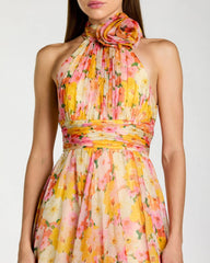 Multicolor Floral Halter Neck Midi Dress With 3D Flower