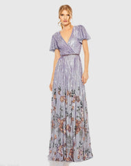 Purple Flounce Sleeve V Neck Gown