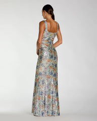 Silver Sleeveless Floral Sequin Gown