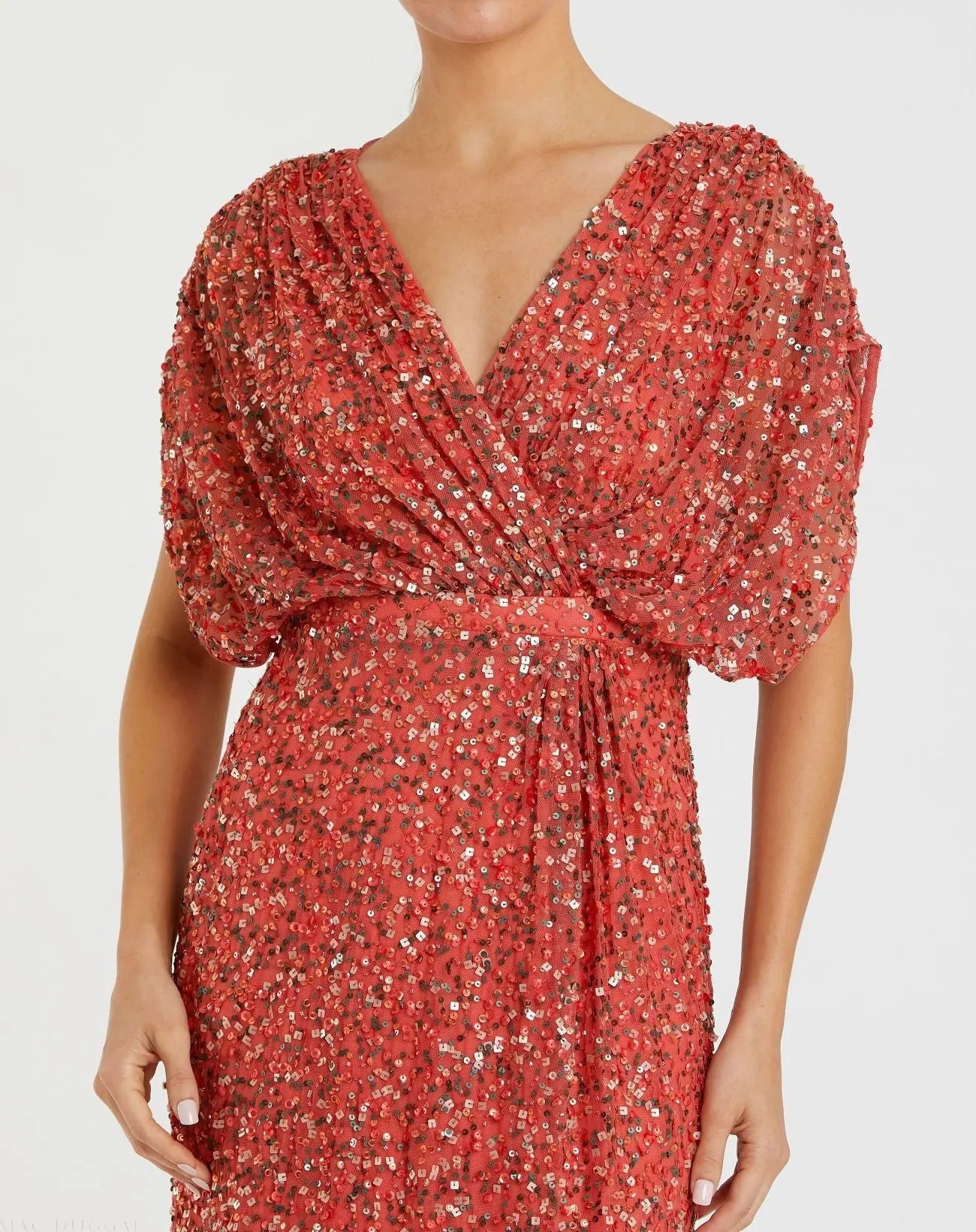 Red Sequin Draped Sleeve V-Neck Gown