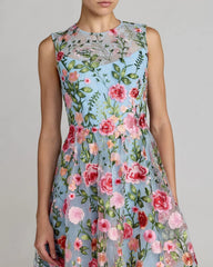 Blue Floral Embroidered Sleeveless A-Line Mini Dress