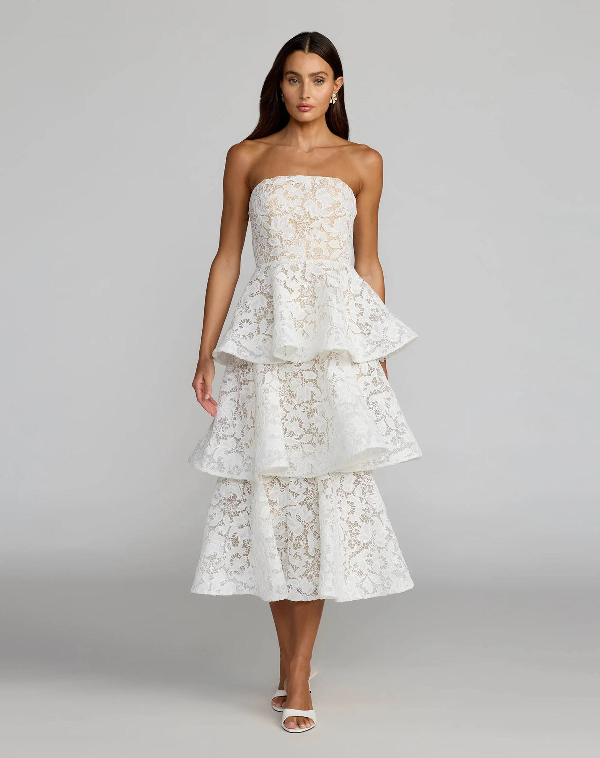 White and Beige Strapless Lace Tiered Ruffle Midi Dress