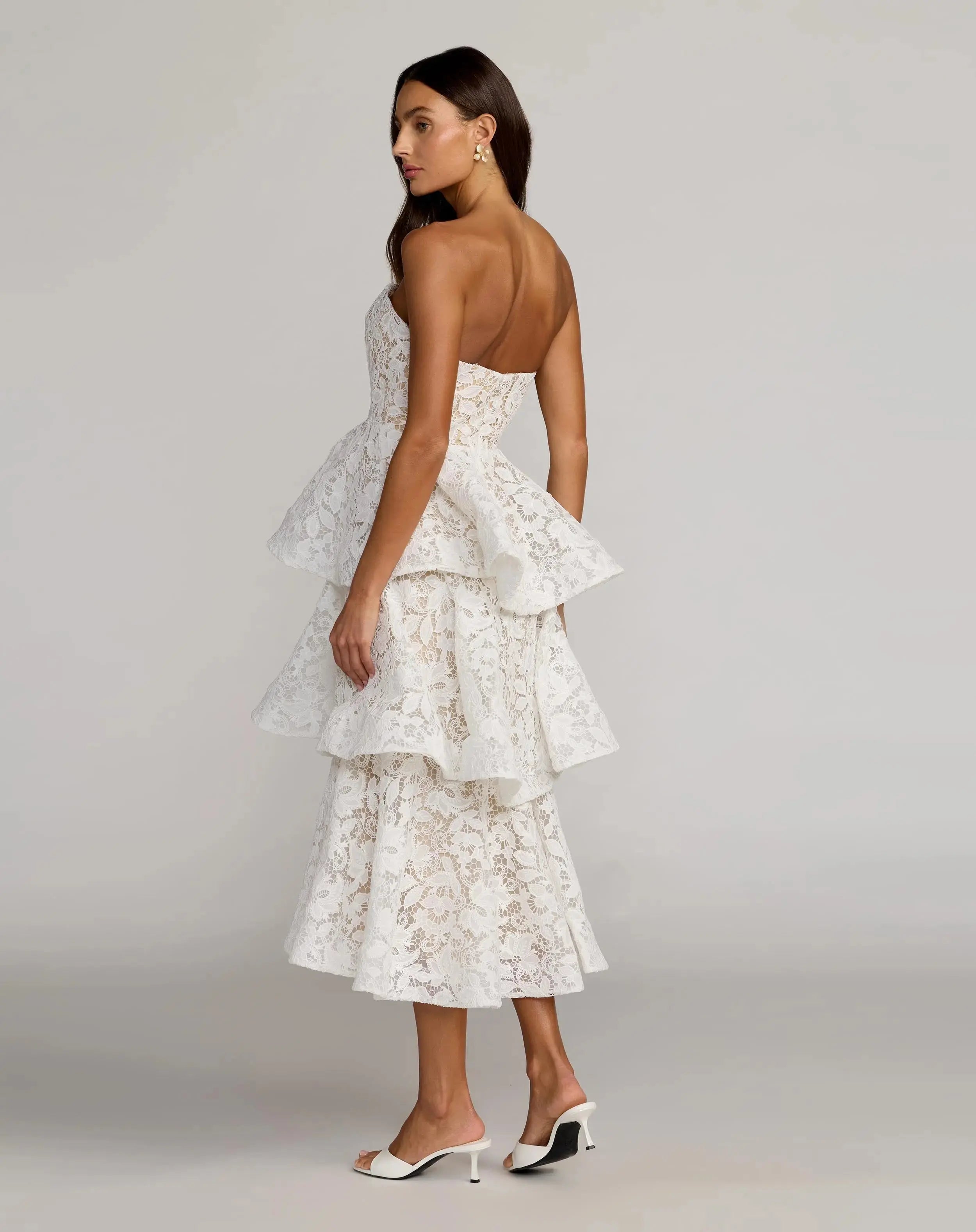 White and Beige Strapless Lace Tiered Ruffle Midi Dress