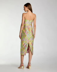 Multicolor Strapless Floral Brocade Midi Dress