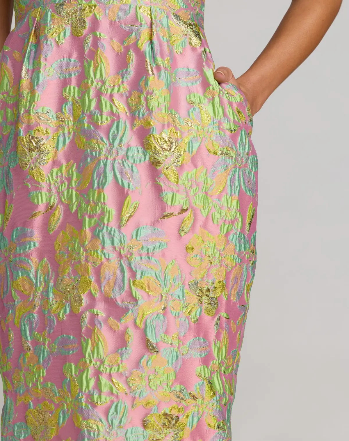 Multicolor Strapless Floral Brocade Midi Dress