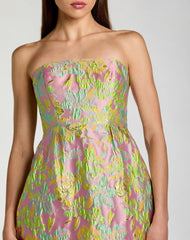 Multicolor Strapless Floral Brocade Midi Dress