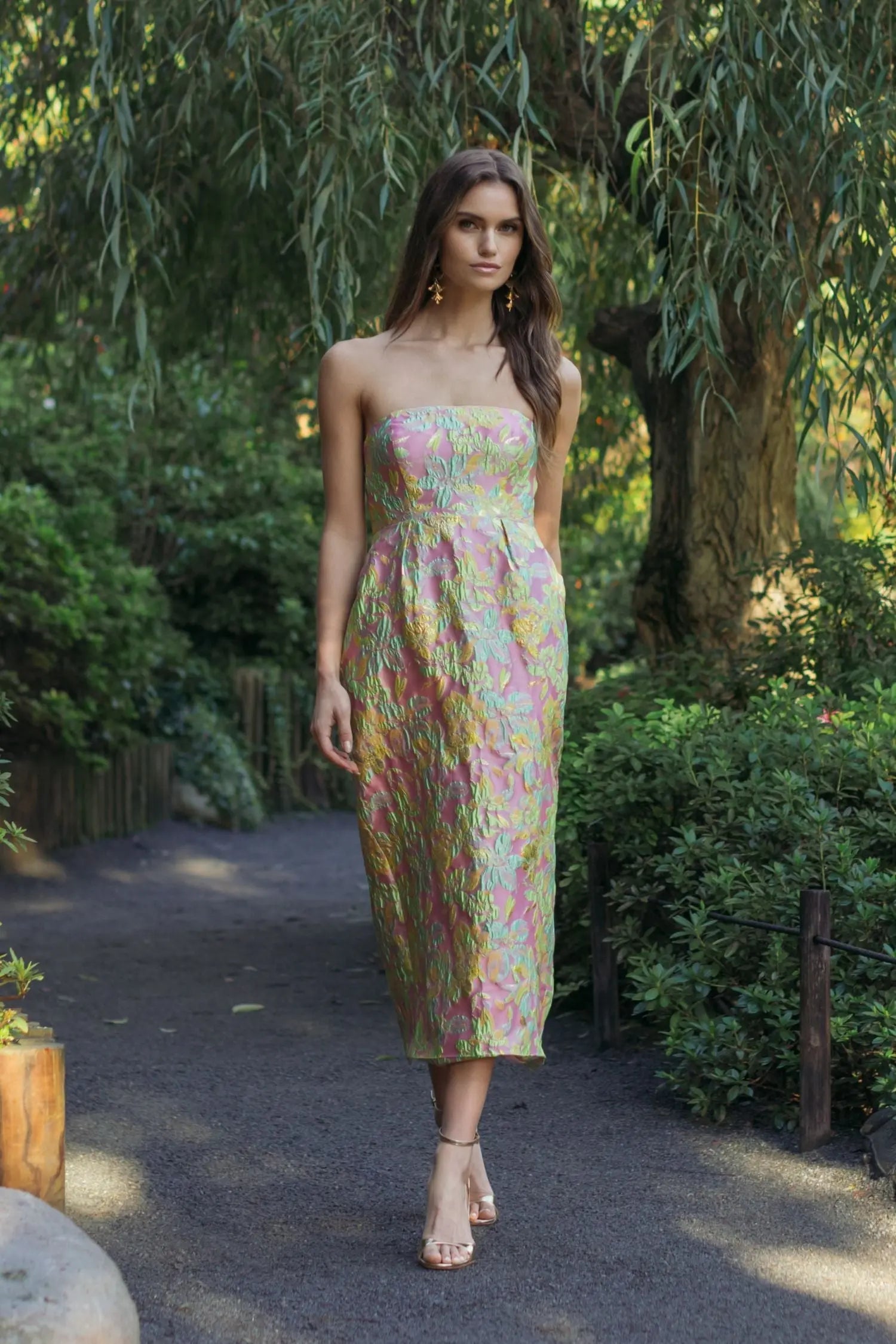 Multicolor Strapless Floral Brocade Midi Dress