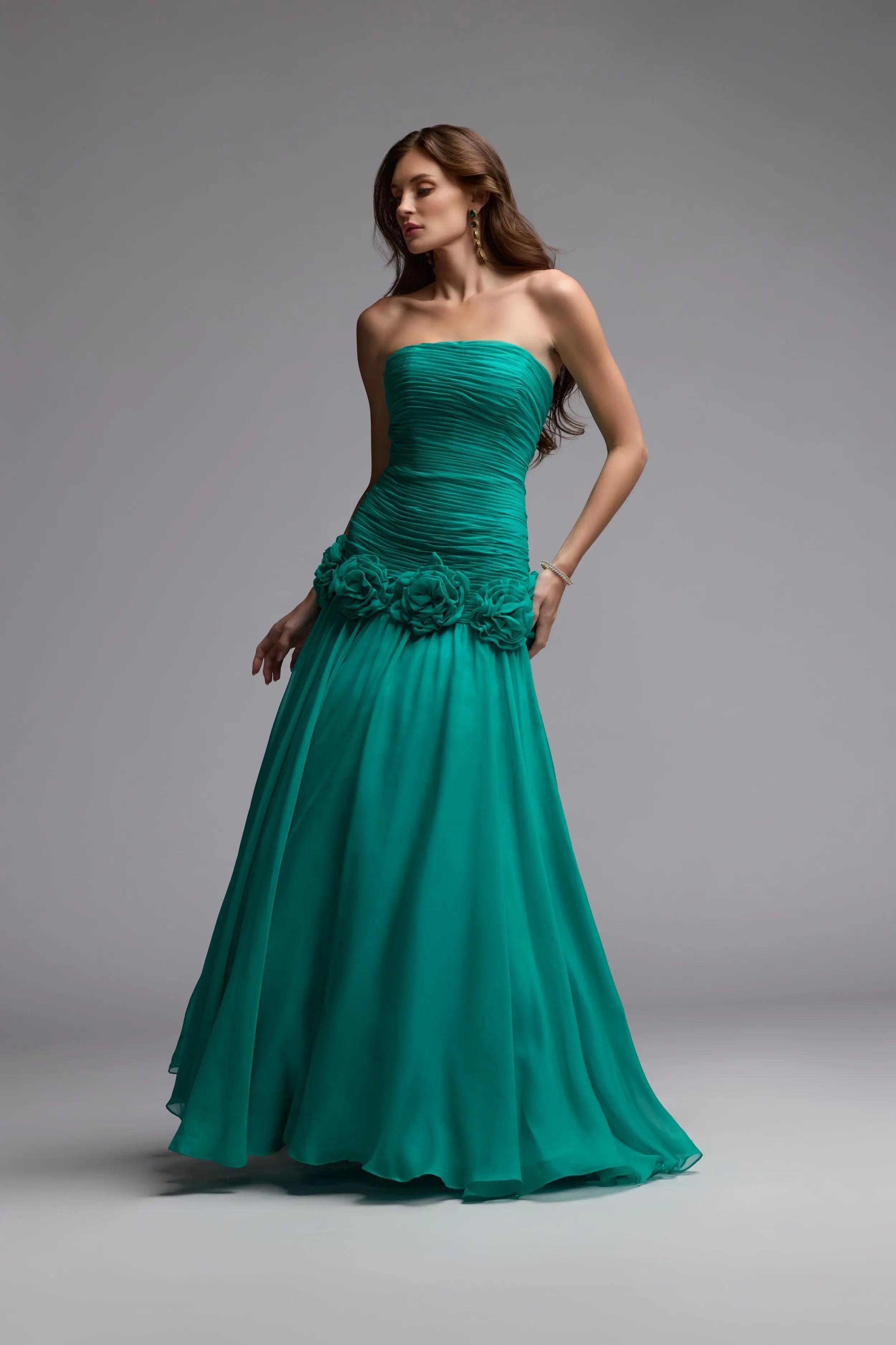 Green Strapless Chiffon Ball Gown With 3D Flowers