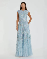Sequined High Neck Cap Sleeve A Line Gown
