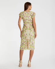 Beige Floral Embellished Flutter Cap Sleeve Dress