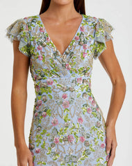 Blue Floral Sequin Embellished Flutter Cap Sleeve Dress