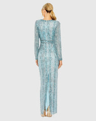 Blue Long Sleeve Beaded Gown with Crystal Fringe
