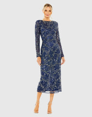 Navy High Neck Long Sleeve Embellished Dress